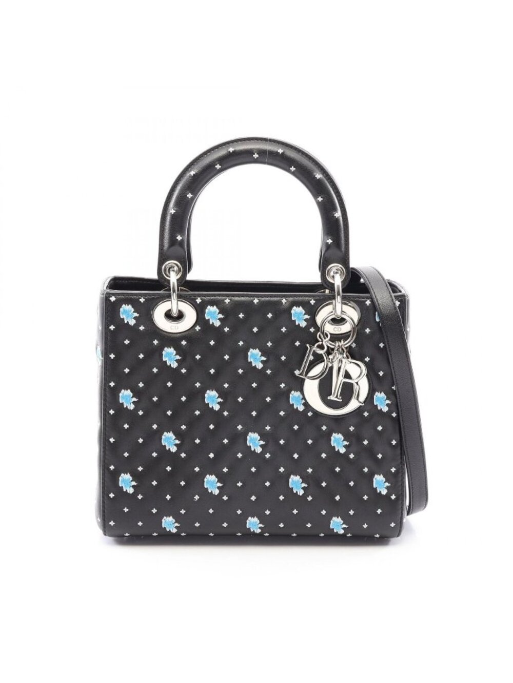 Dior Handbag Lady Dior 2-Way Black White Blue Leather Tote Medium